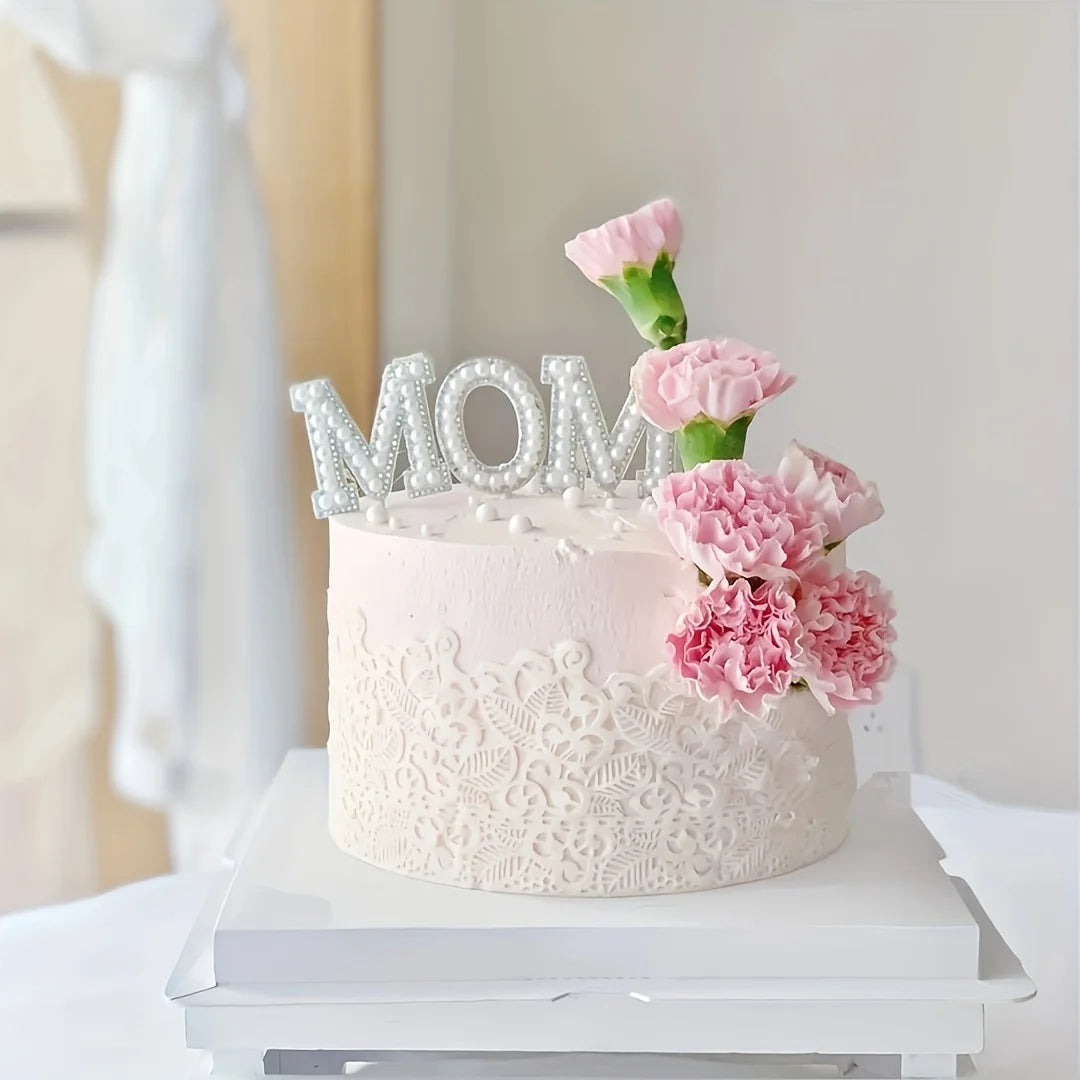 Mom Cake Topper - White Lettering, Decorative For Birthday Cakes, Mother's Day, Celebrations